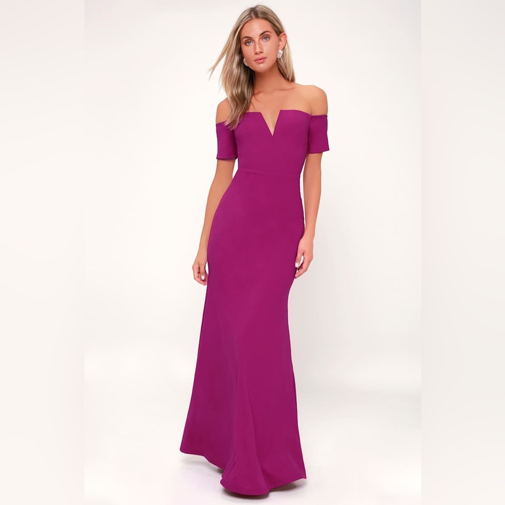 Lulus Magenta Off the Shoulder Notched Maxi Dress - Medium